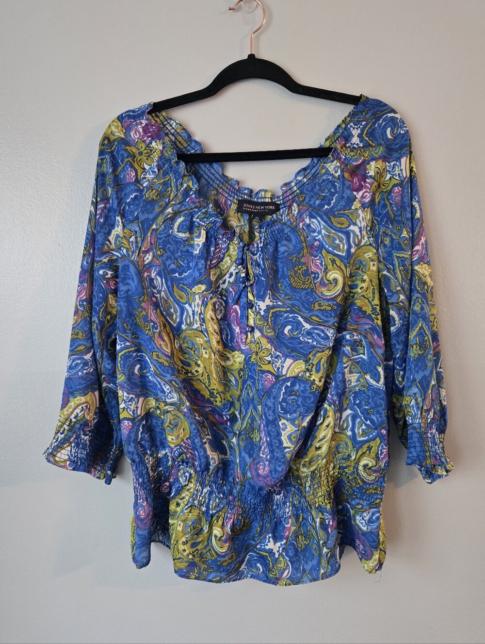 Jones New York Signature Sheer Blouse Blue Paisley Smocked Blouse Petite Medium